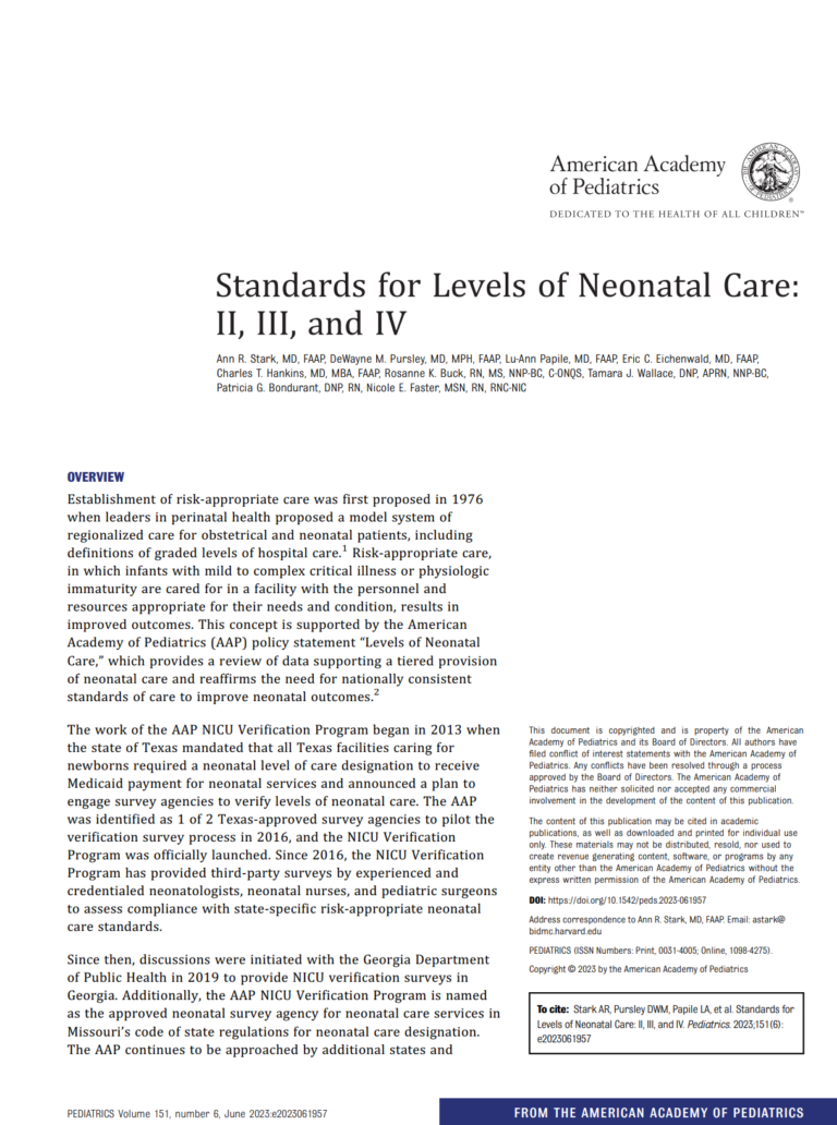 Standards for Levels of Neonatal Care II, III, and IV Timeless